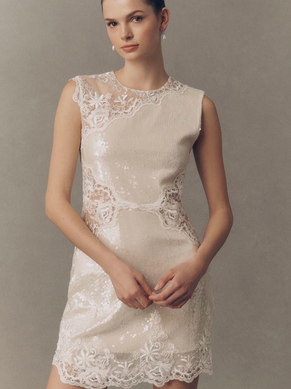 BHLDN Sequin & Lace Mini Dress in Ivory
